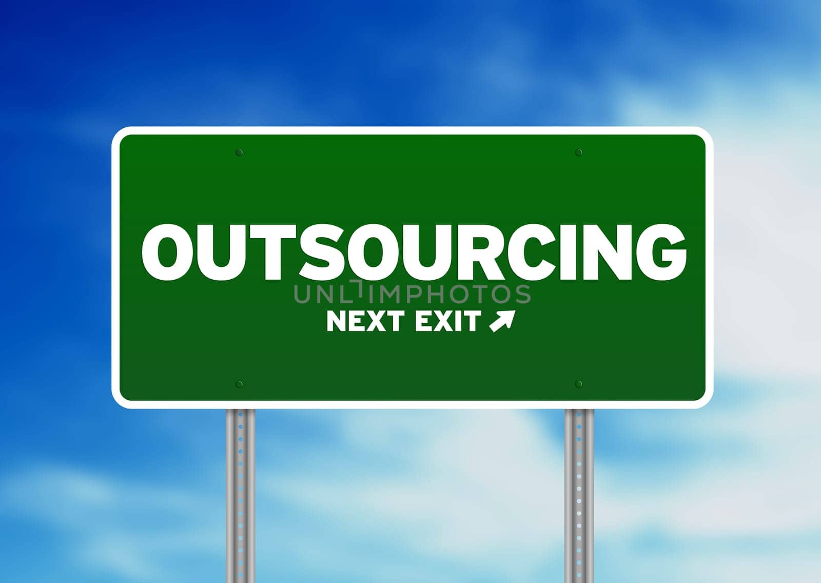Green outsourcing highway sign on Cloud Background.