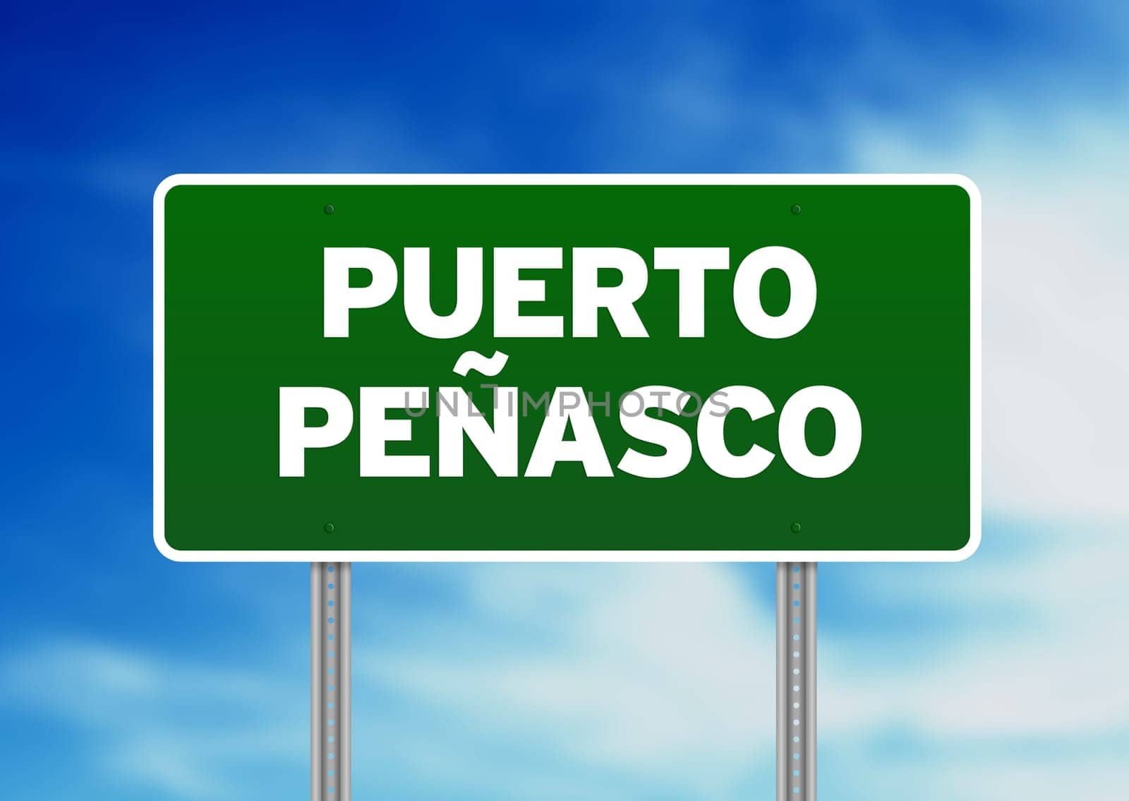 Green Puerto Peñasco, Mexico highway sign on Cloud Background.