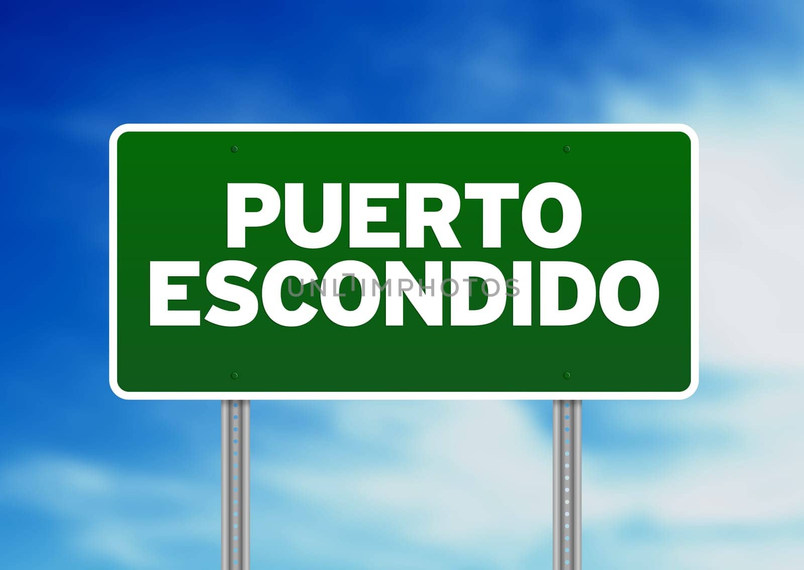 Green Puerto Escondido, Oaxaca, Mexico highway sign on Cloud Background.