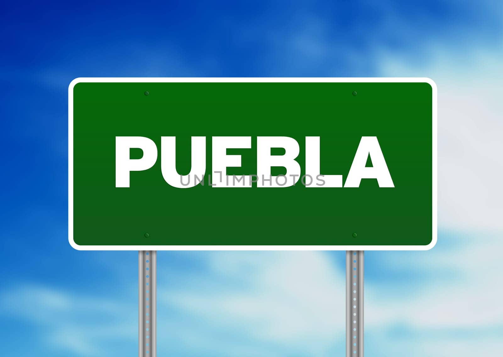 Green Puebla, Mexico highway sign on Cloud Background.