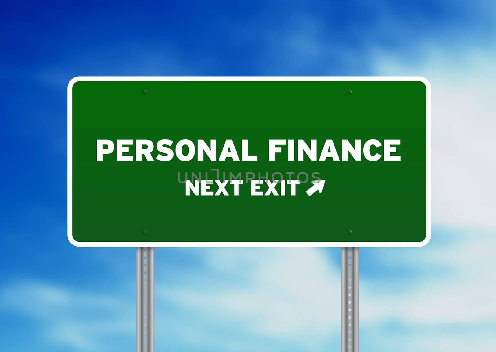 High resolution graphic of a Personal Finance Highway Sign on Cloud Background.