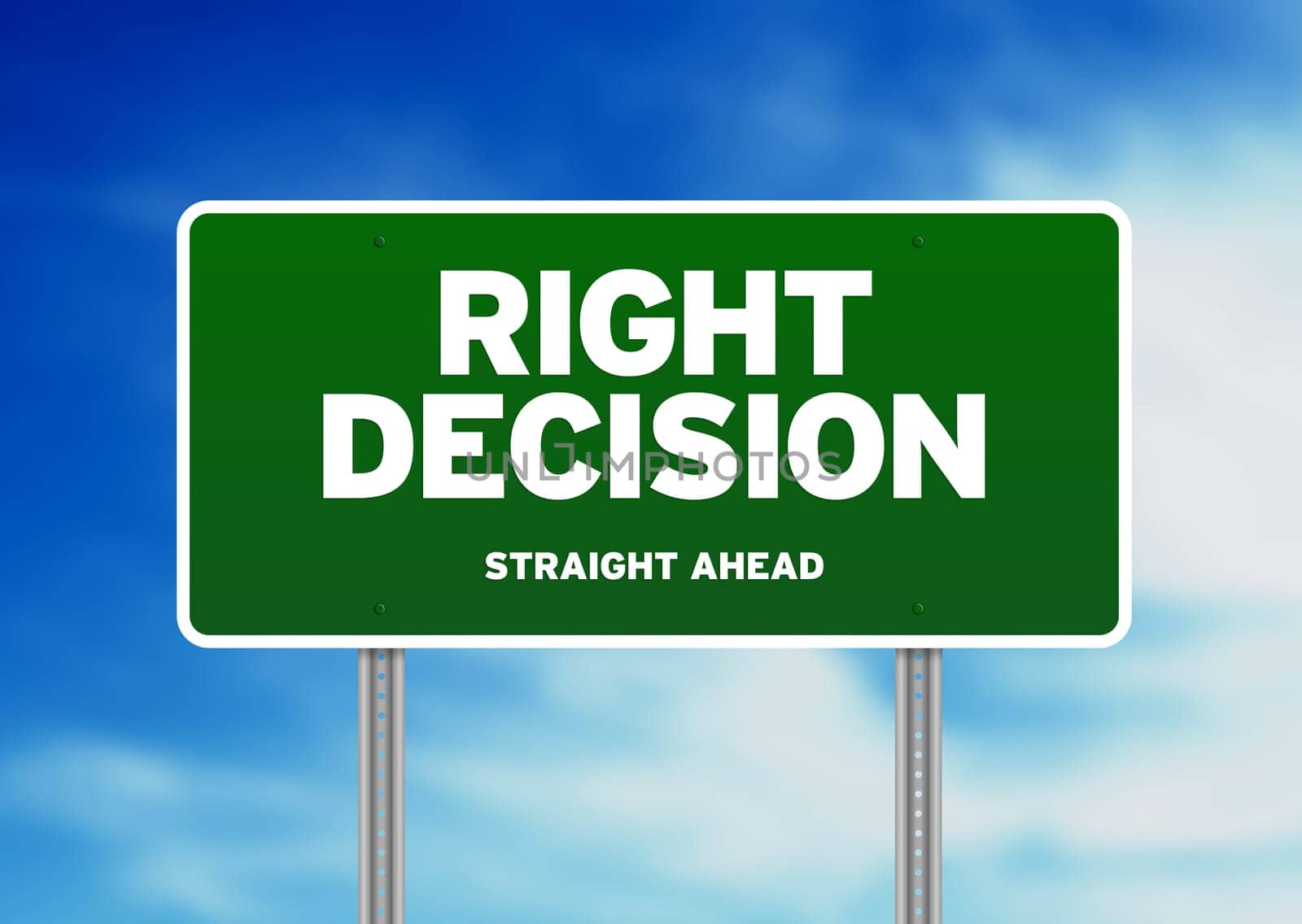 Green Right Decision Road sign on Cloud Background.