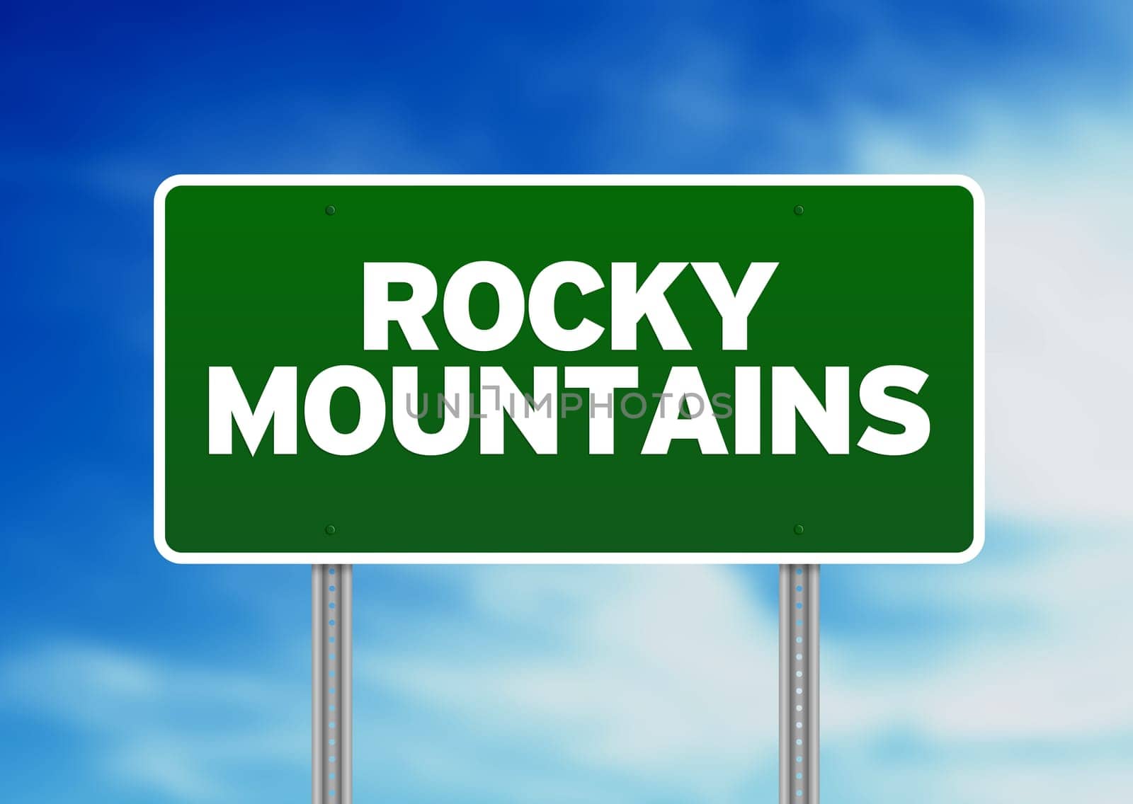 Green Rocky Mountains highway sign on Cloud Background.