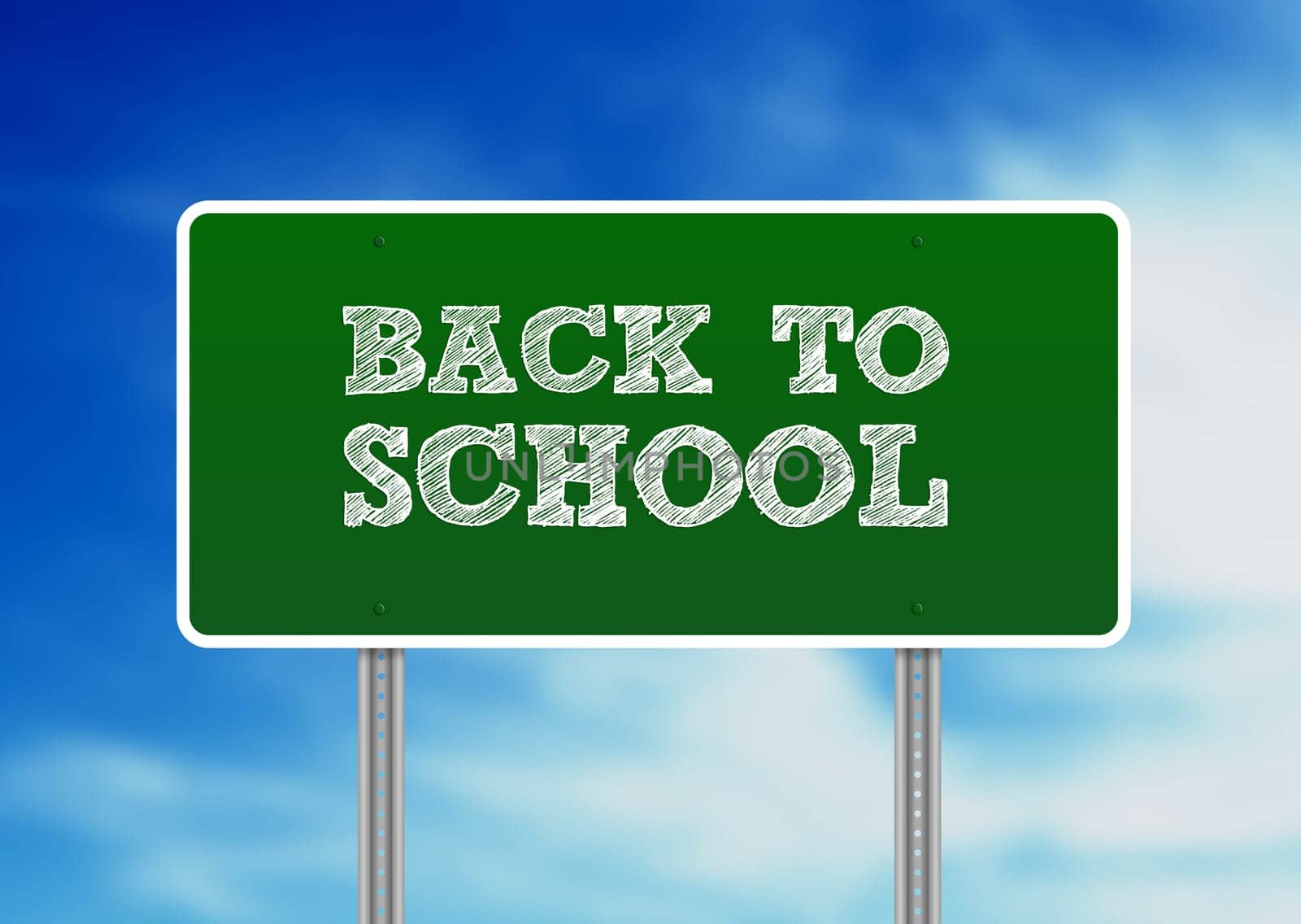 Green Back To School highway sign on Cloud Background.