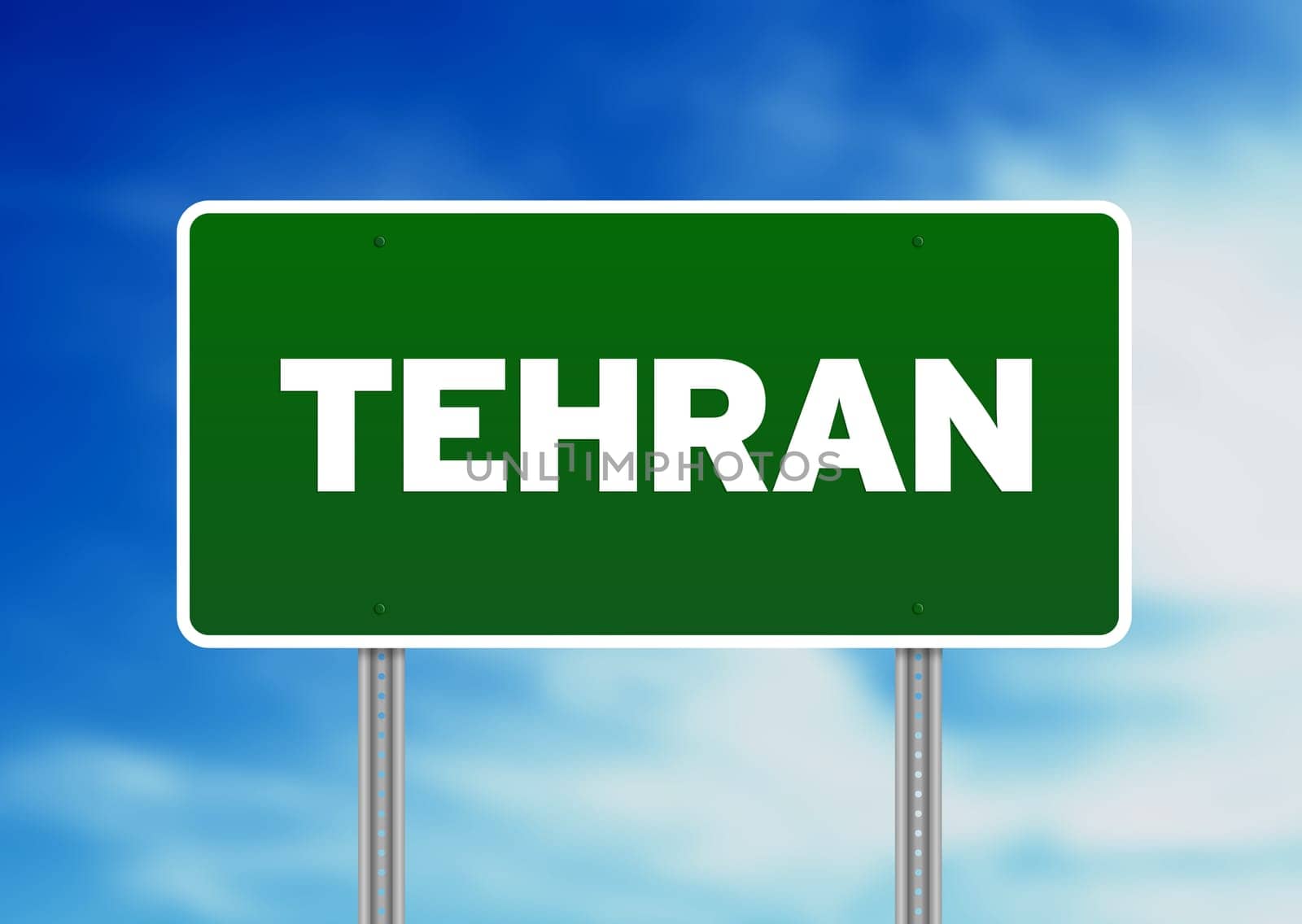 Green Tehran highway sign on Cloud Background.