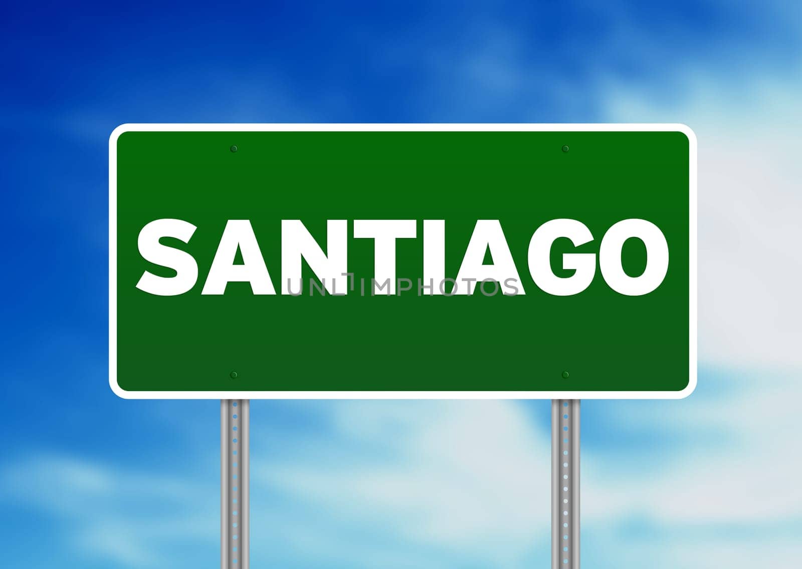 Greem Santiago, Chile highway sign on Cloud Background.