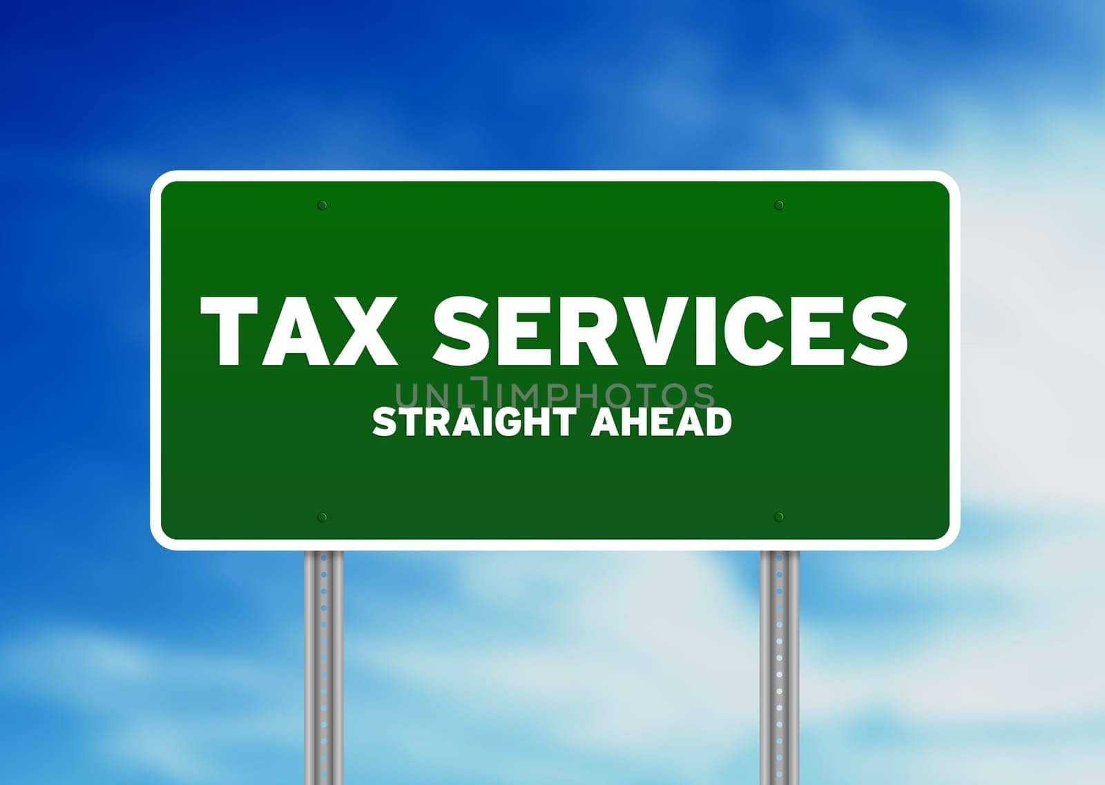 High resolution graphic of a tax services highway sign on Cloud Background.