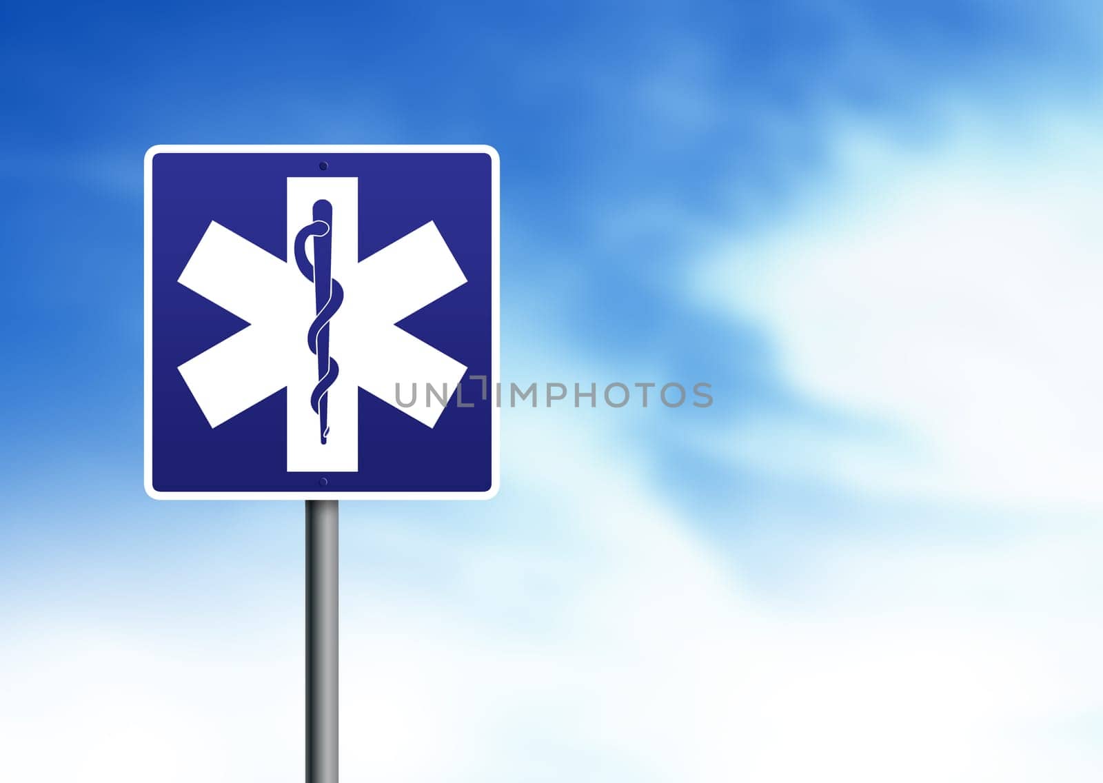 Ambulance, caduceus road sign on cloud background.