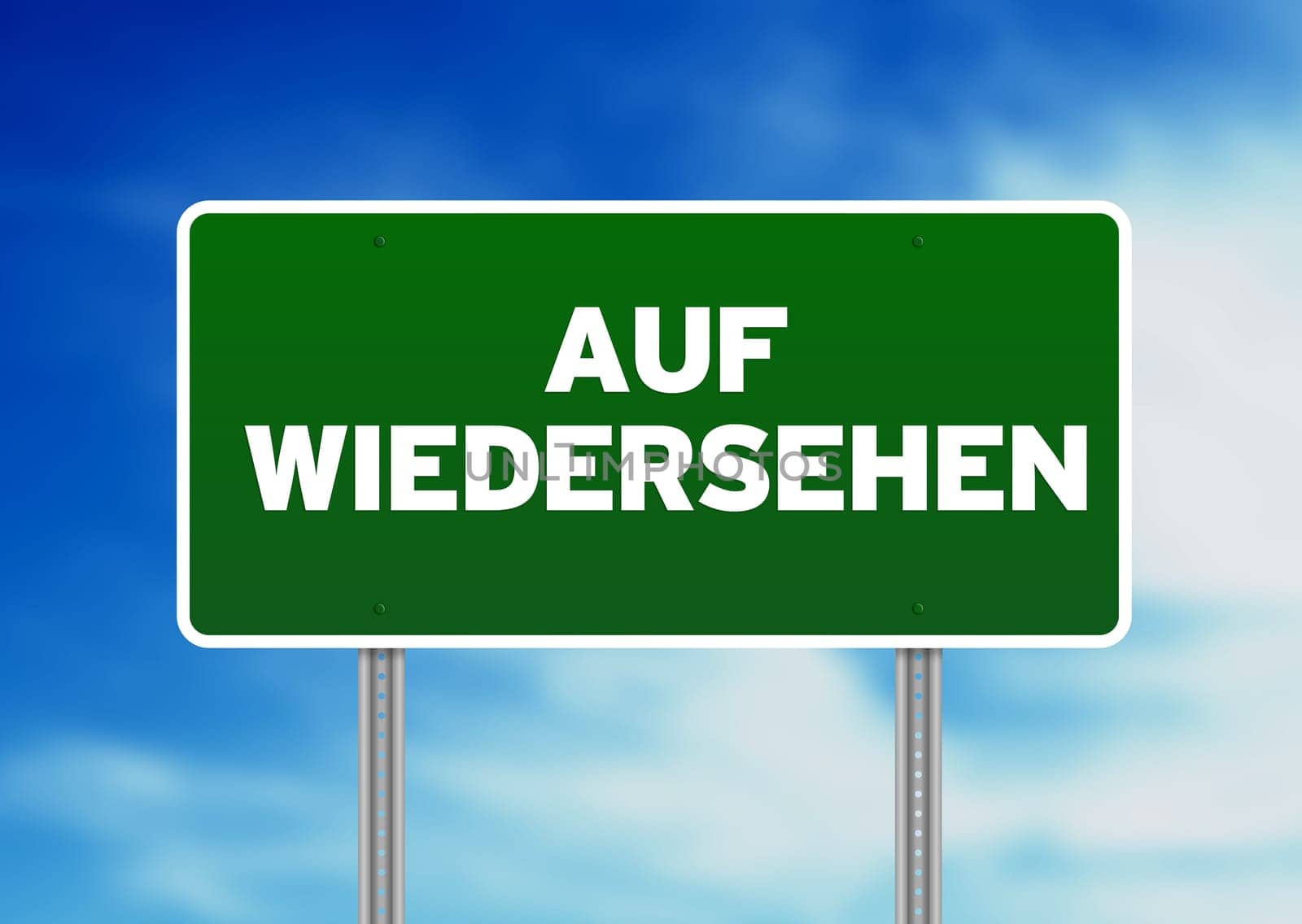 Green Good Bye highway sign on Cloud Background.