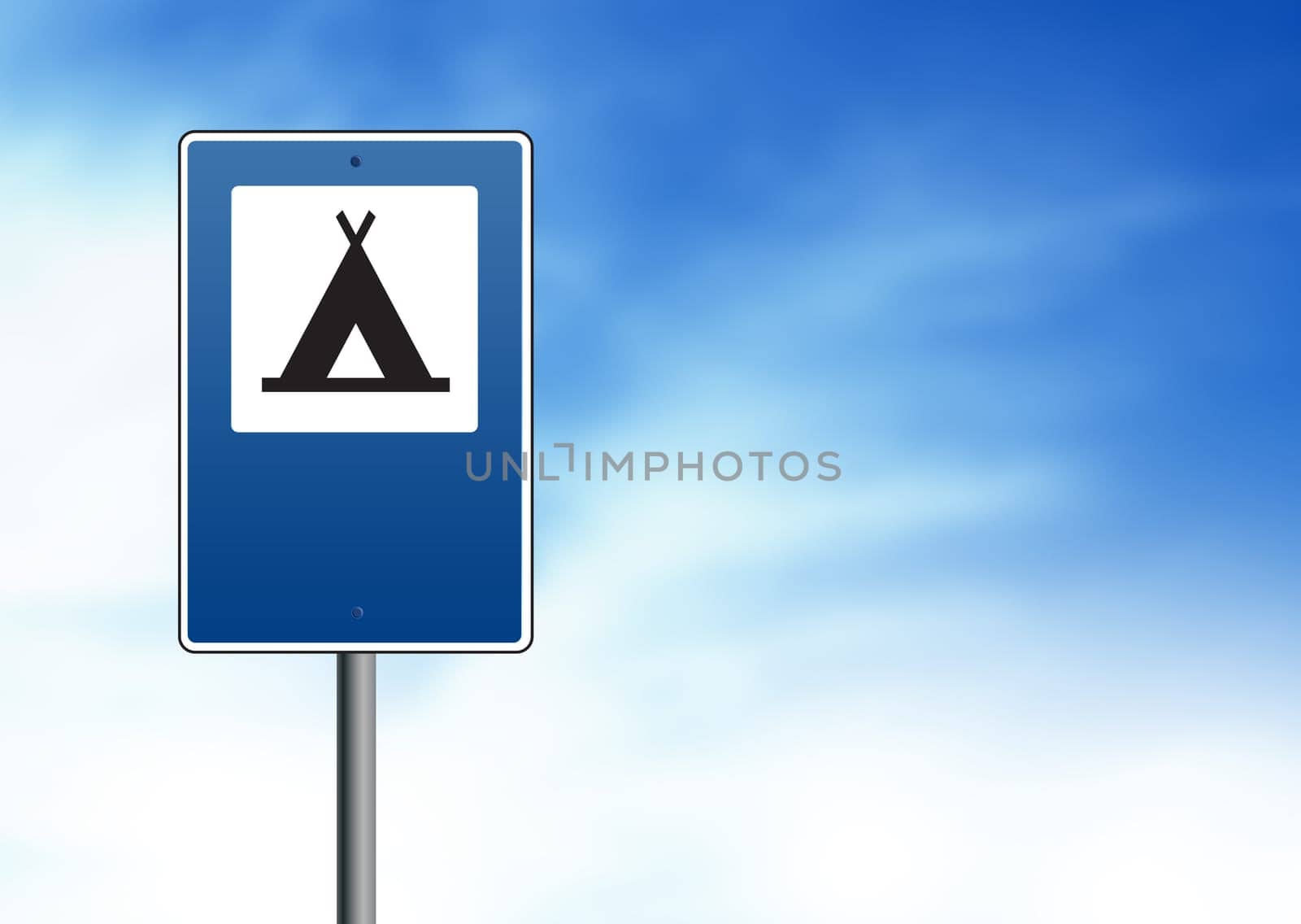 Blue campground road sign on cloud background.