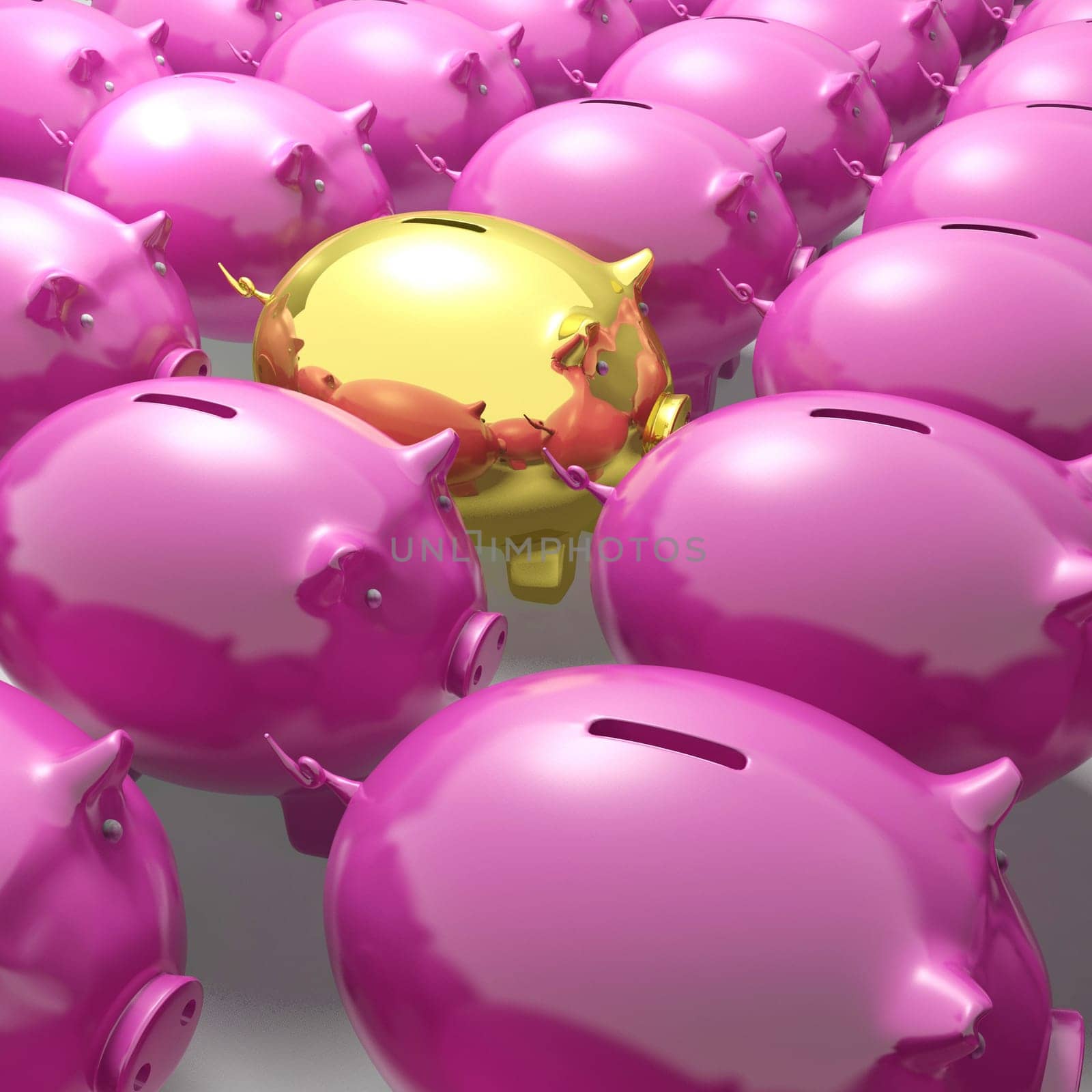 Golden Piggybank Among Group Showing Unique Banking Accounts Or Investment