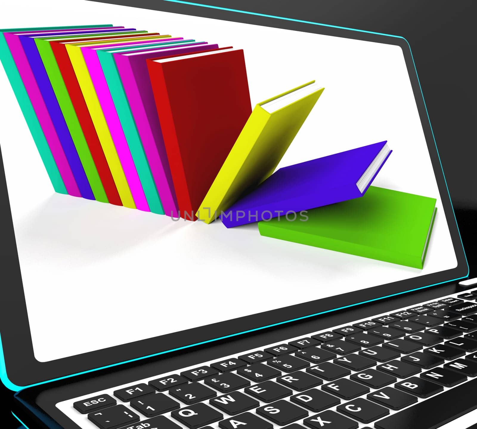Books On Laptop Shows Bookshelf Or Literature