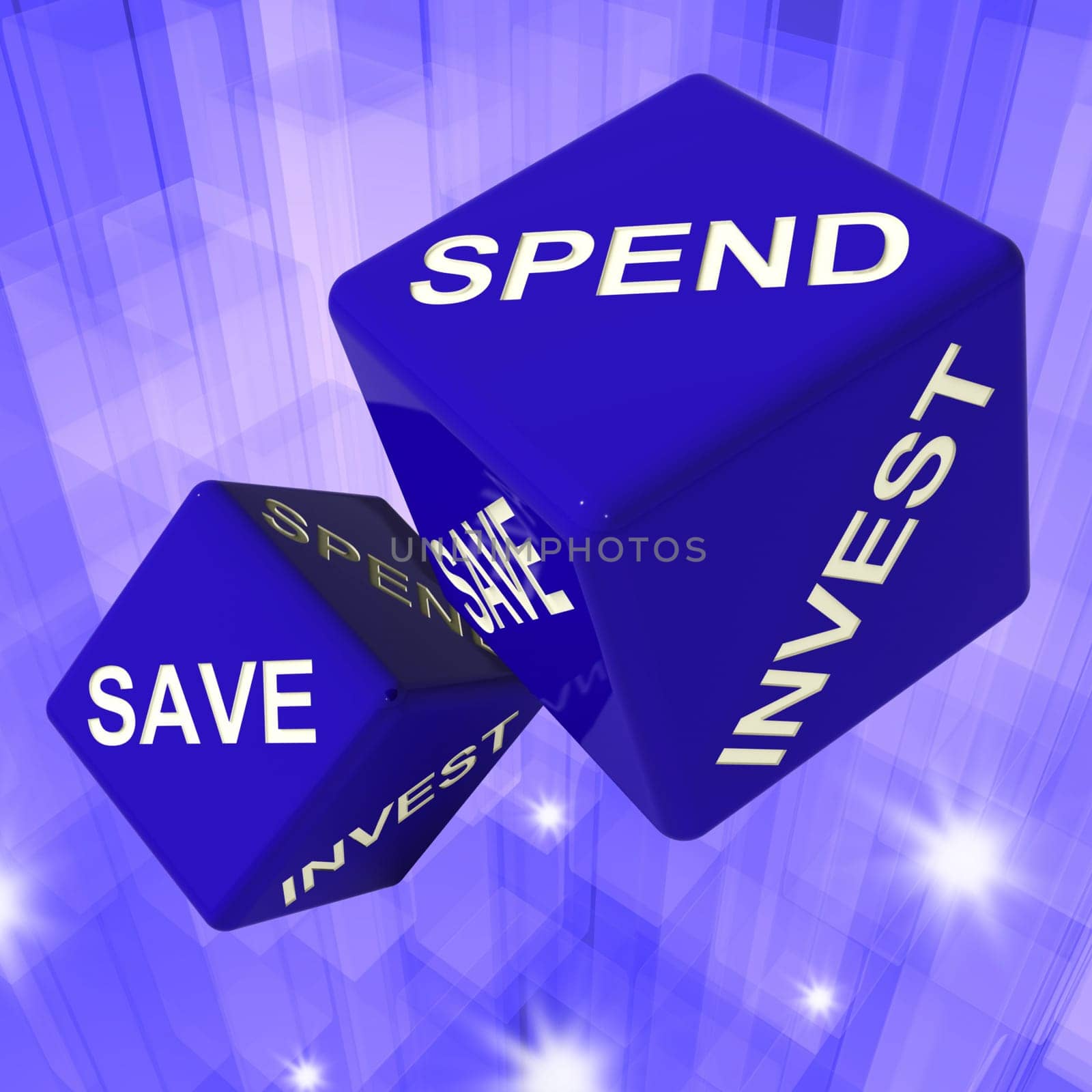 Spend, Save, Invest Dice Background Shows Finances And Debts.