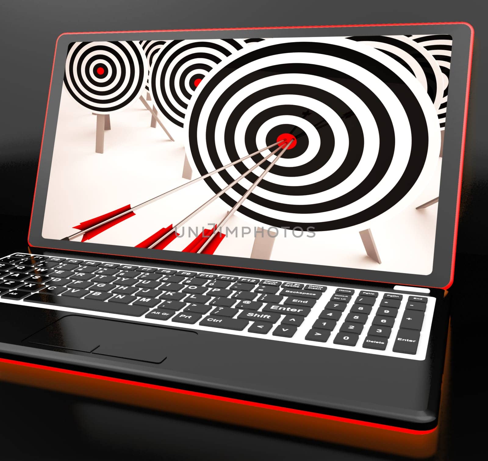 Target Hit On Laptop Showing Perfect Shot Or Precise Aiming