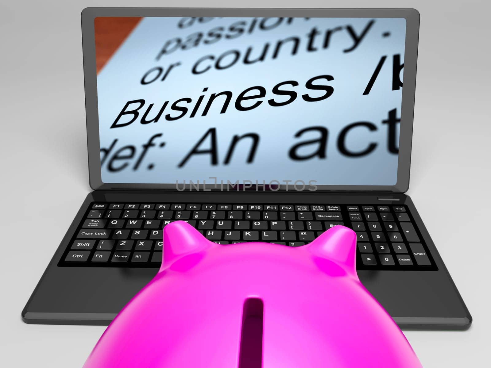 Business Definitions On Laptop Shows Monetary Transactions And Commercial Activities