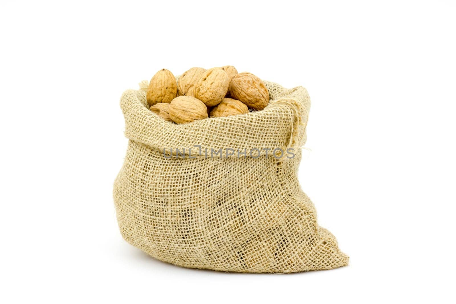 Burlap sack full of whole walnuts isolated on white background