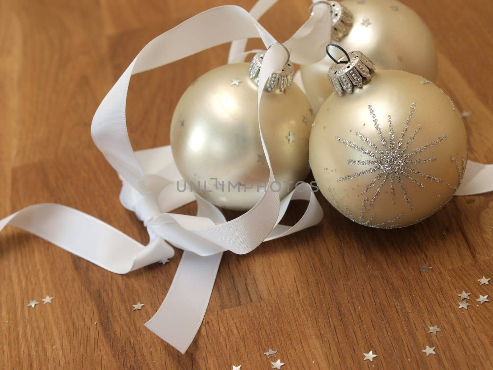 Christmas baubles on a wooden background
