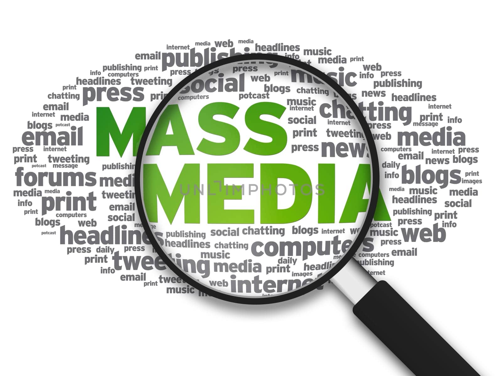 Magnified illustration with the words Mass Media on white background.