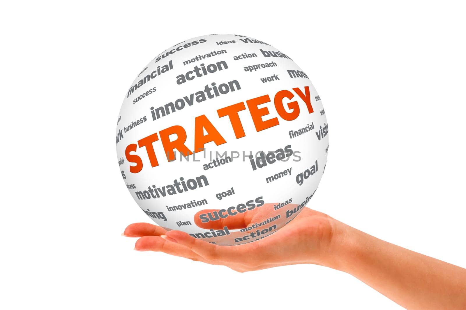 Hand holding a Strategy 3D Sphere sign on white background.
