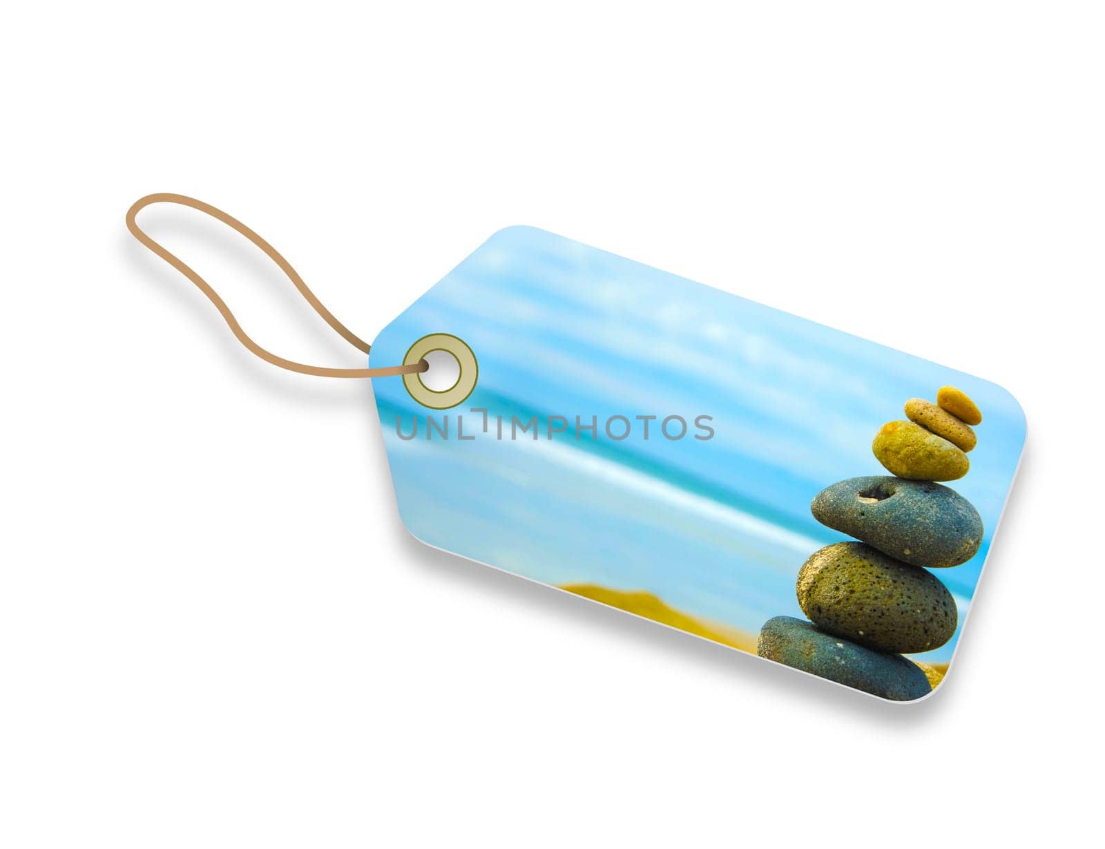 Price Tag with Zen Stone stacked together on blue blurred background