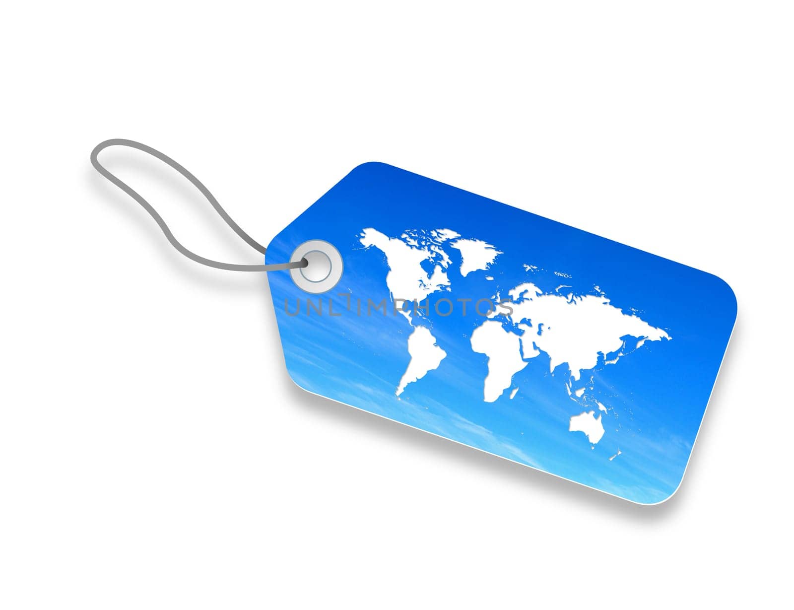 Blue cloud price tag with world map on white background.