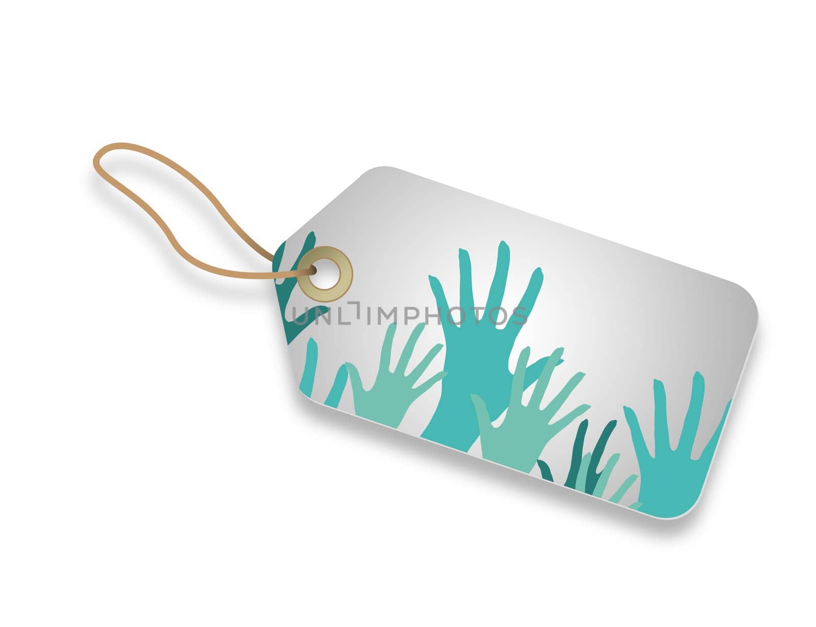 Price Tag with different colored hands on white background.