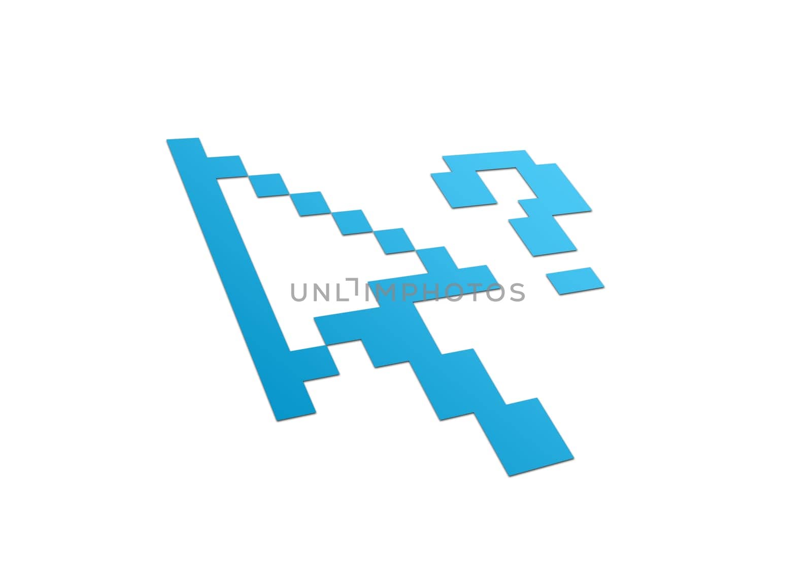 High resolution perspective graphic of a computer cursor with question mark.