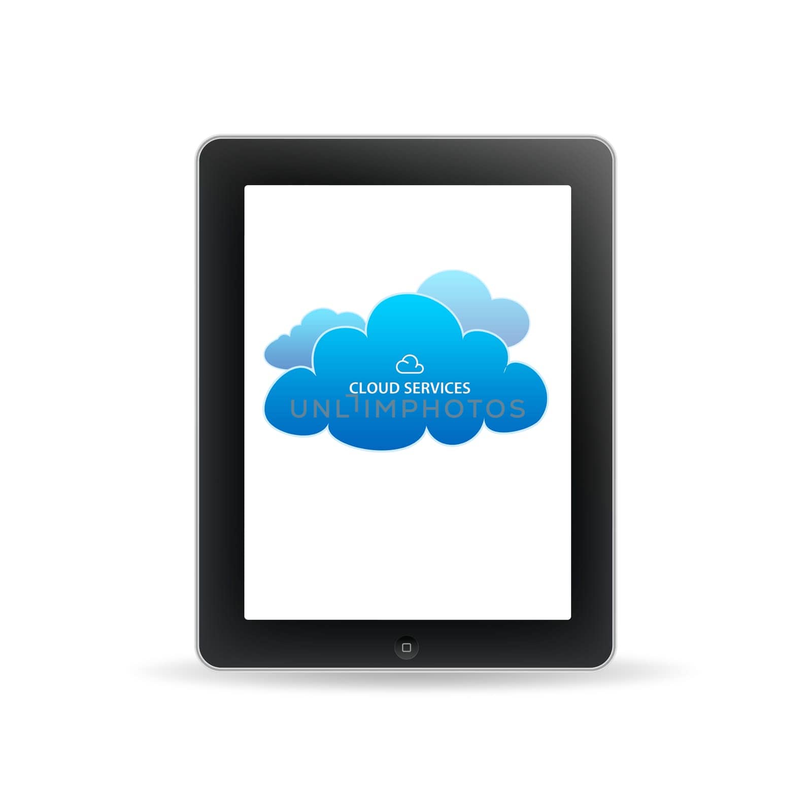 Tablet PC with cloud services icons on white background.