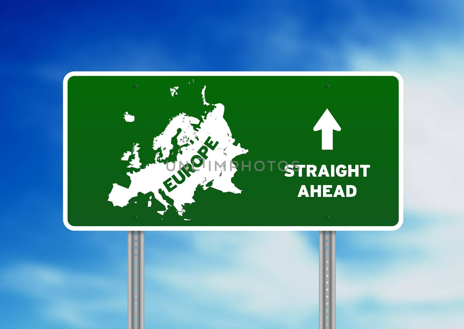Green Europe highway sign on Cloud Background.