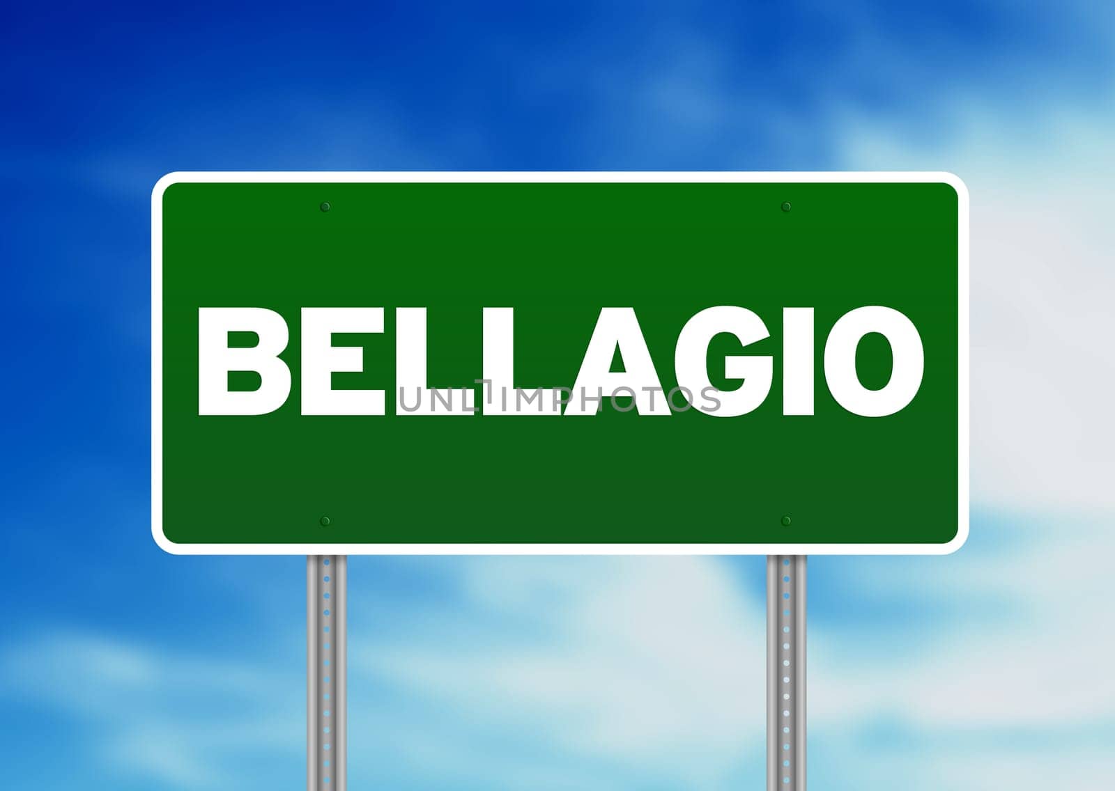 Green Bellagio, Italy road sign on Cloud Background.