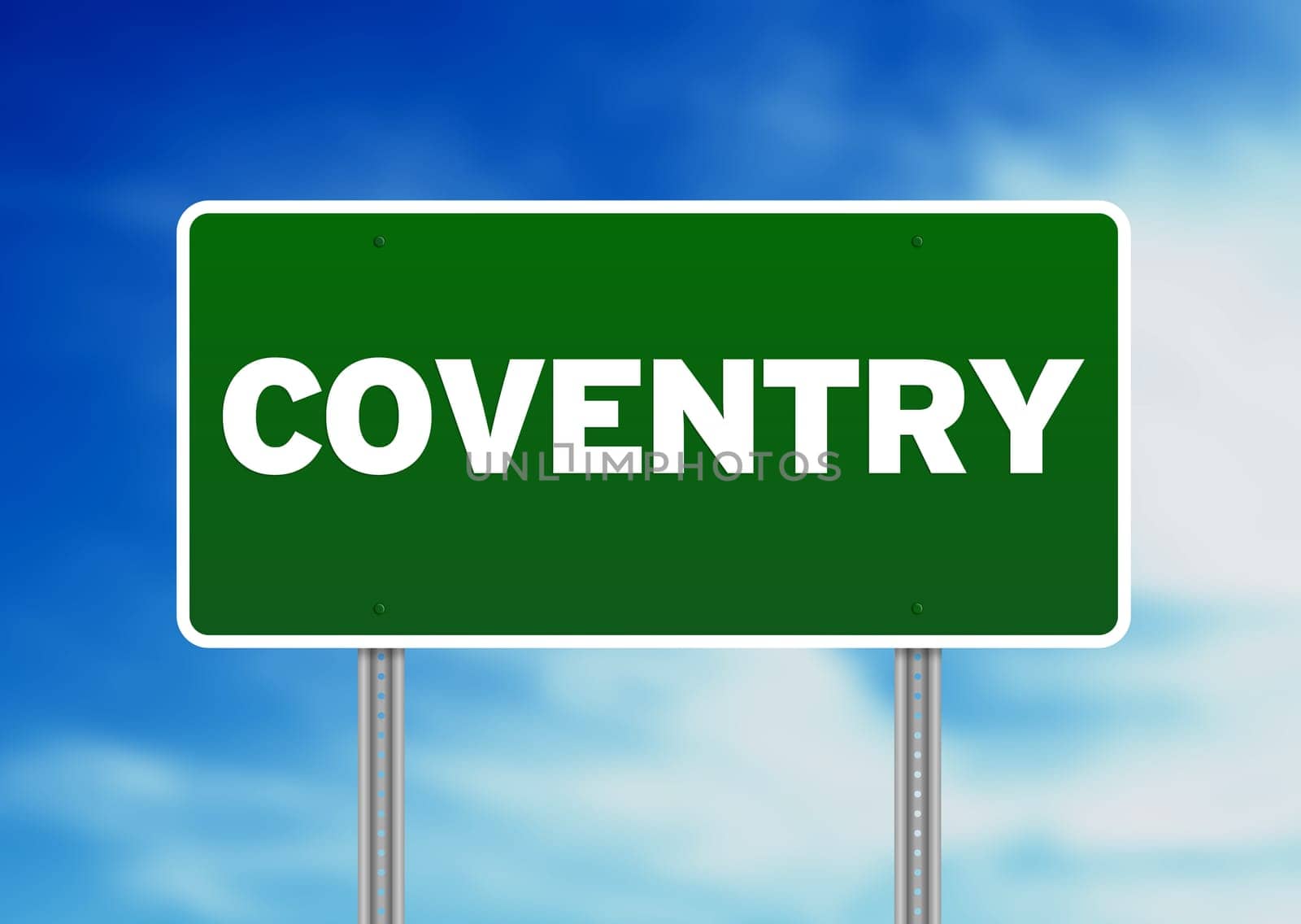 Green Coventry, England highway sign on Cloud Background.