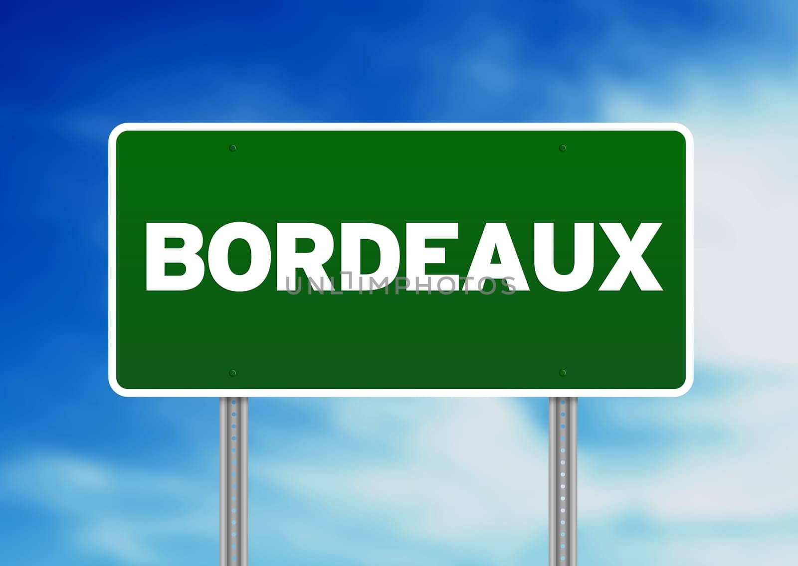 Green Bordeaux, France highway sign on Cloud Background.