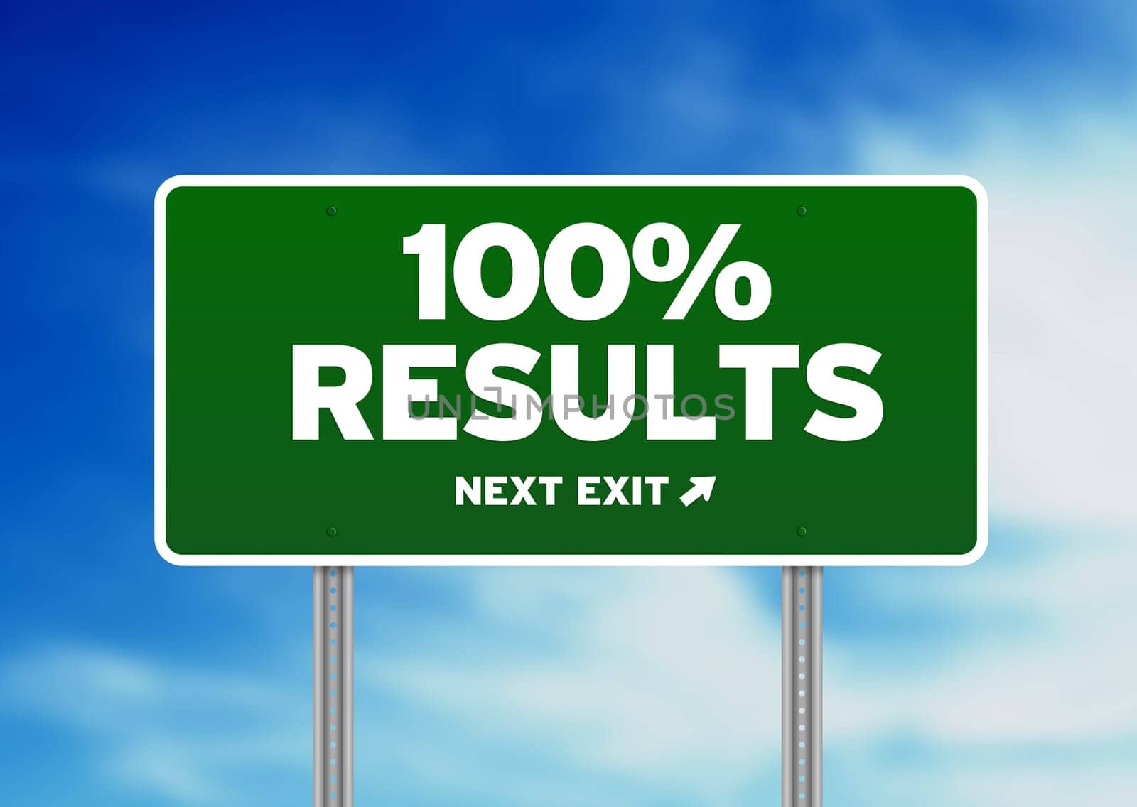 Green 100% Results highway sign on Cloud Background.