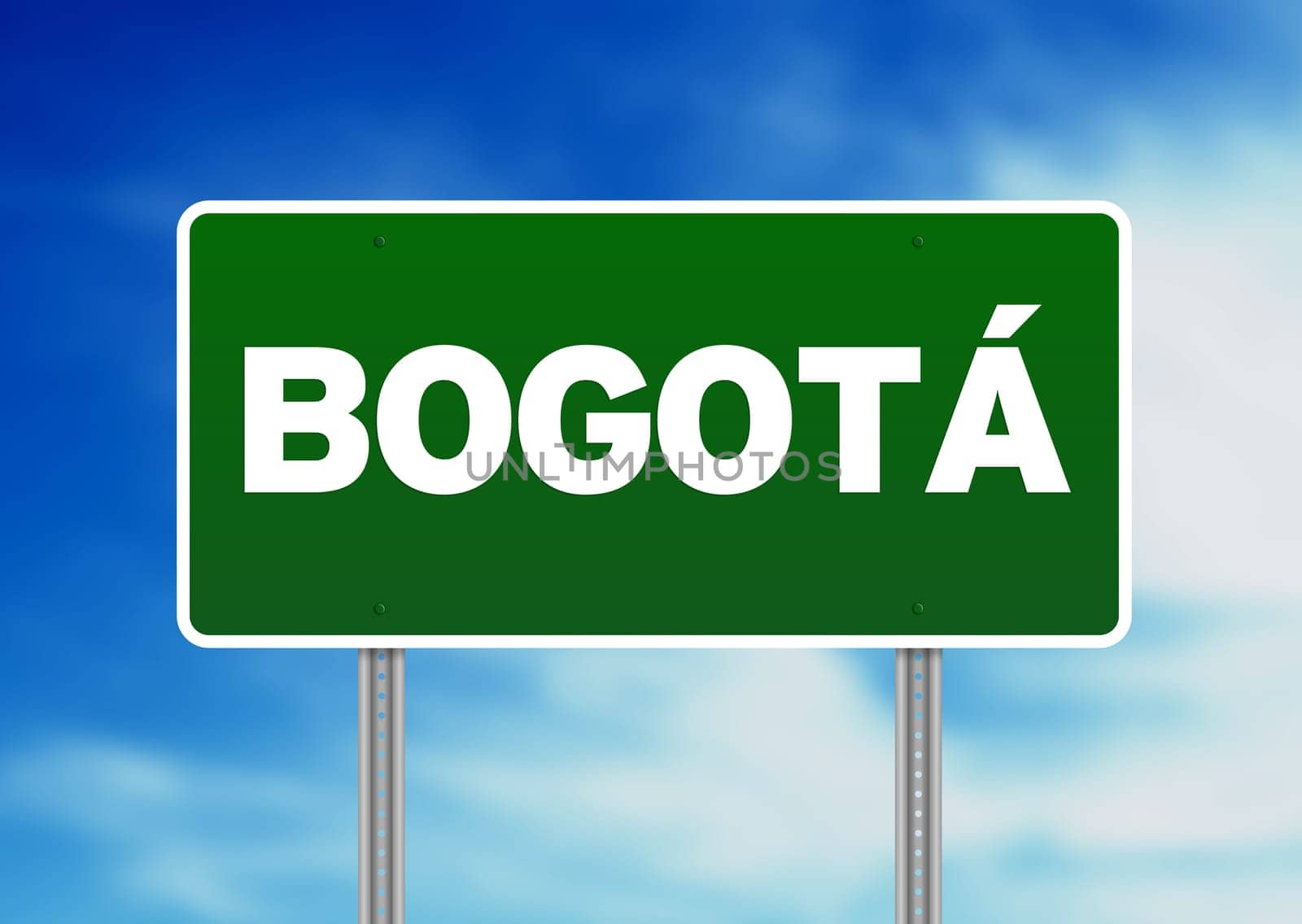 Green Bogotá, Columbia highway sign on Cloud Background.