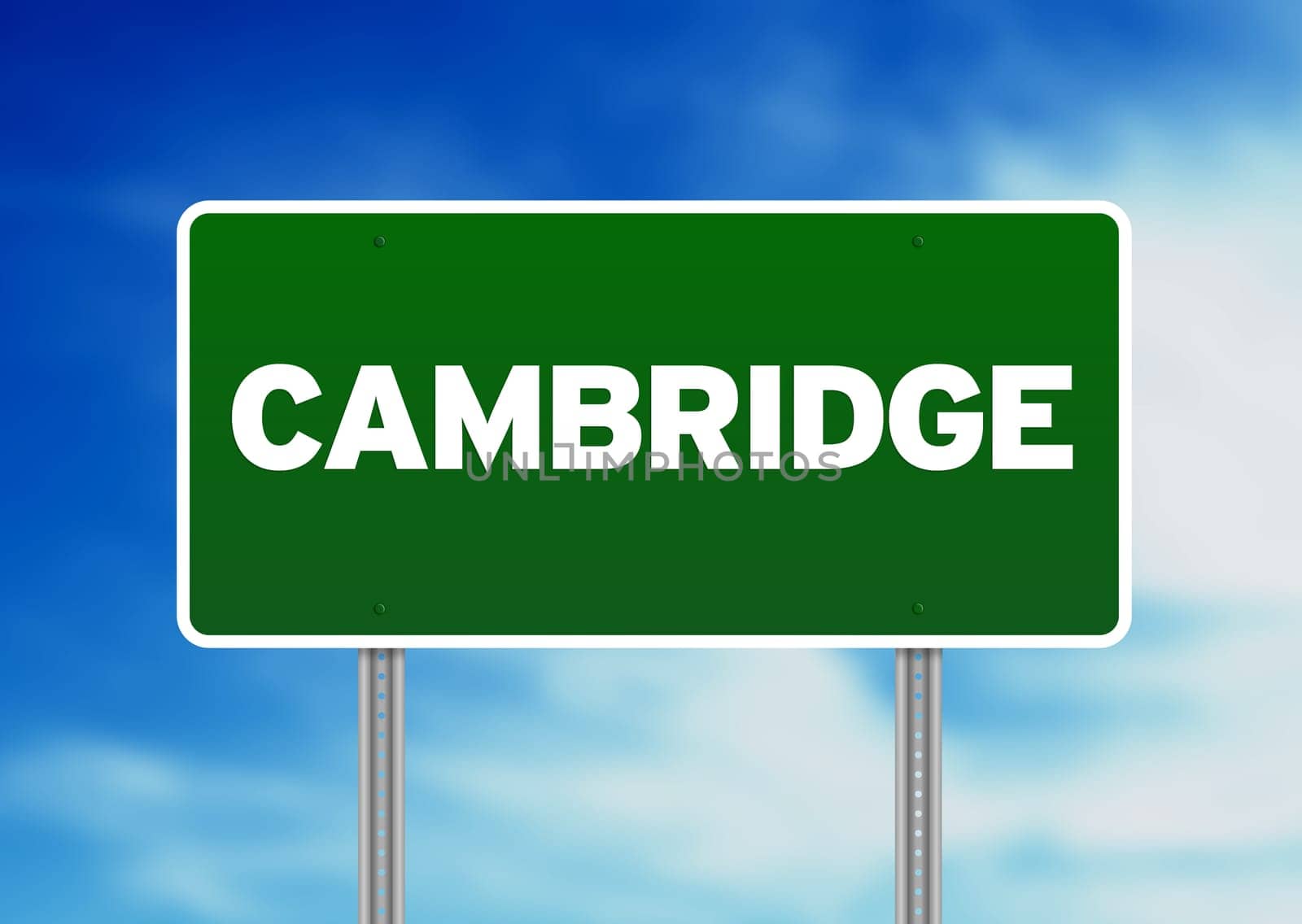 Green Cambridge, England highway sign on Cloud Background.
