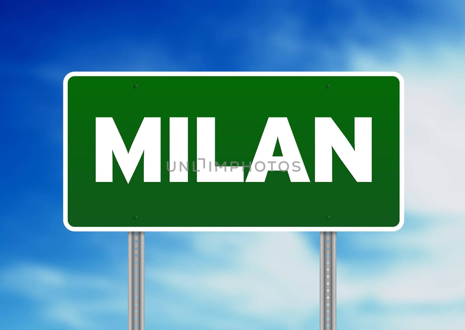 Green Milan, Italy road sign on cloud background.