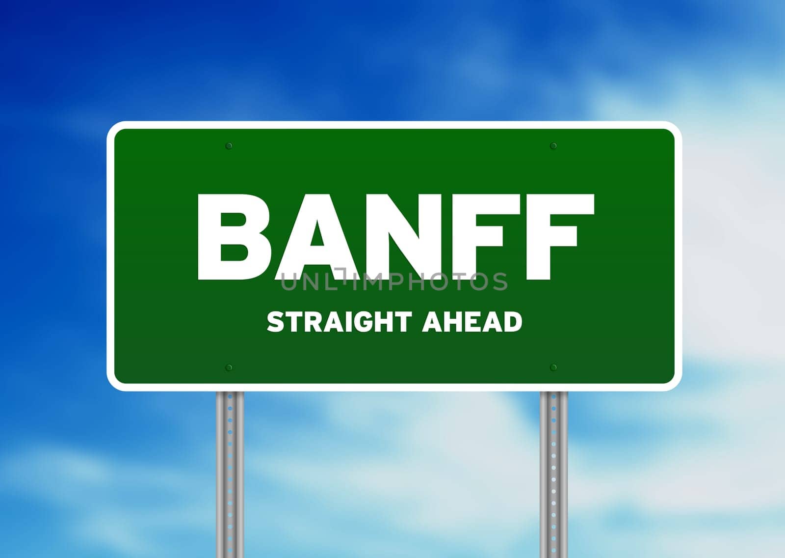 Green Banff road sign on Cloud Background.