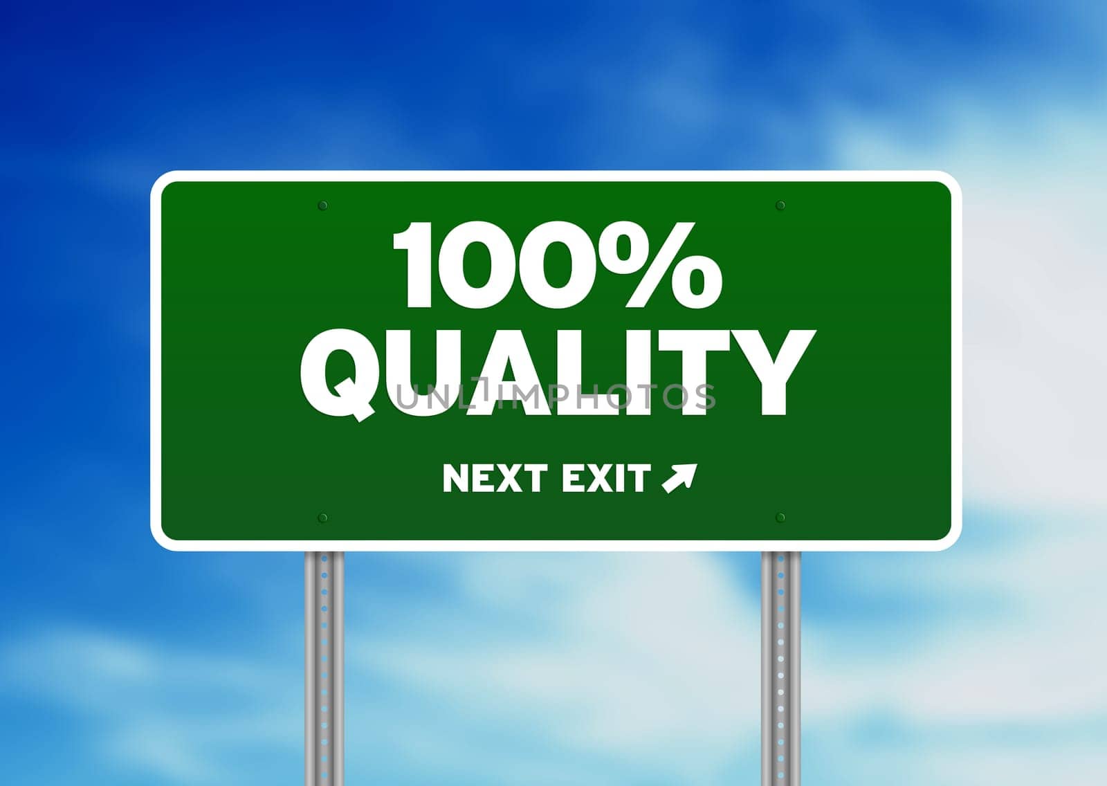 Green 100% Quality highway sign on Cloud Background.