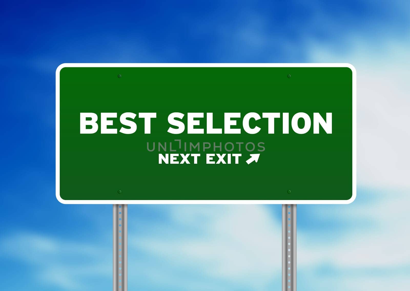 High resolution graphic of a Best Selection Highway Sign on Cloud Background.