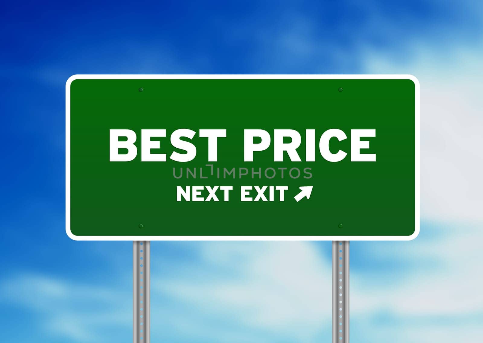 High resolution graphic of a best price highway sign on cloud background.