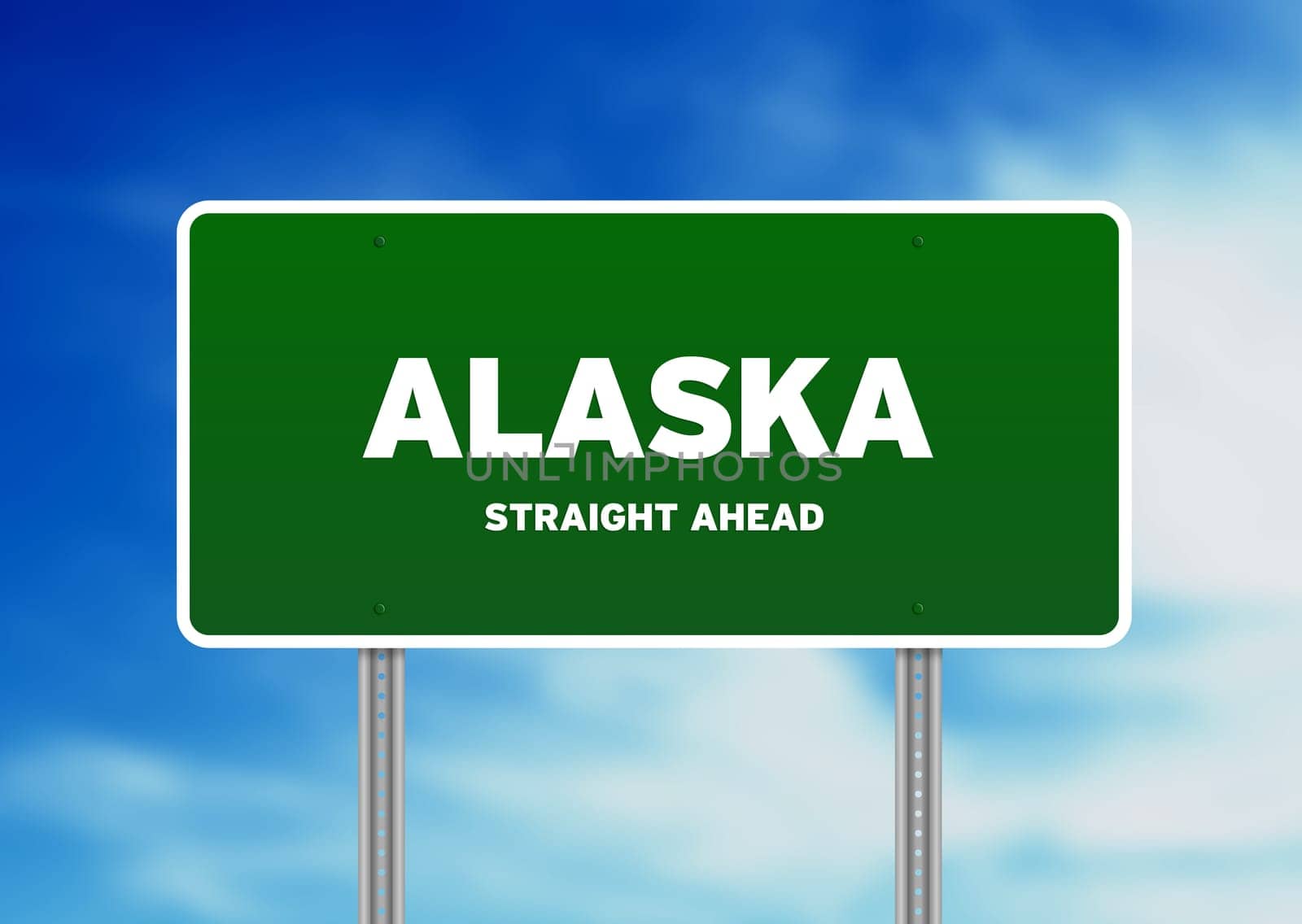 High resolution graphic of a alaska green highway sign on Cloud Background.