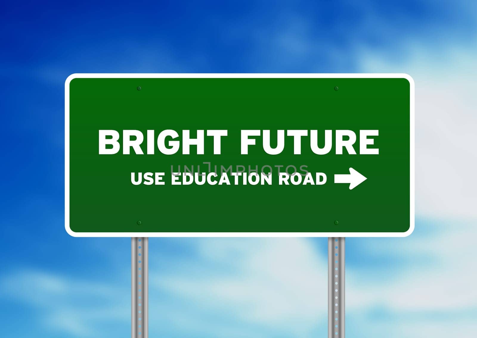 Green Bright Future Highway Sign on Cloud Background.