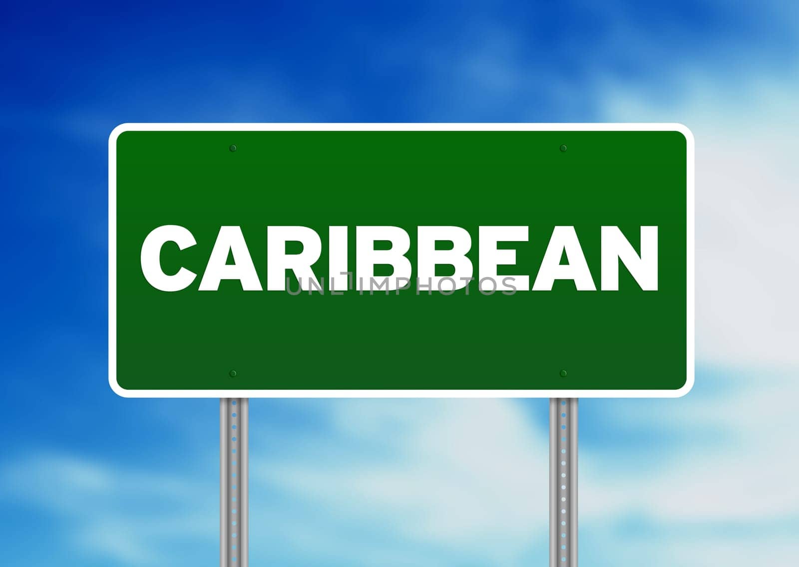 Green Caribbean highway sign on Cloud Background.