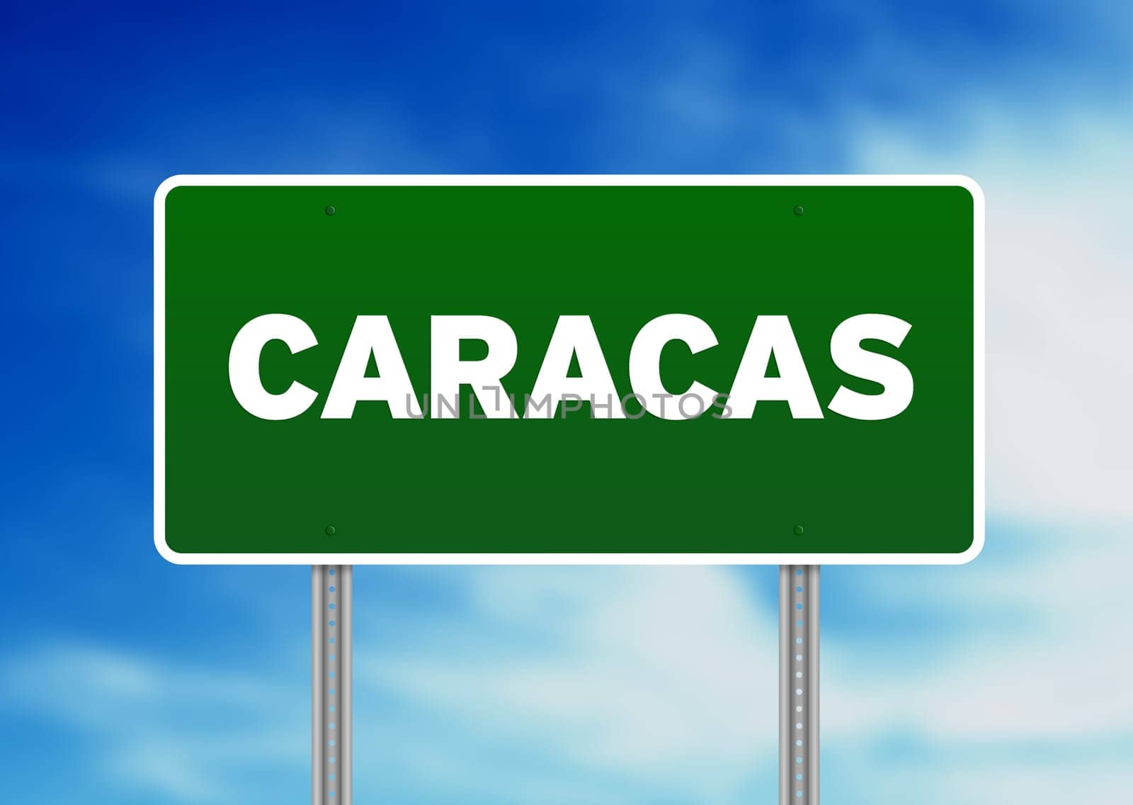 Green Caracas highway sign on Cloud Background.