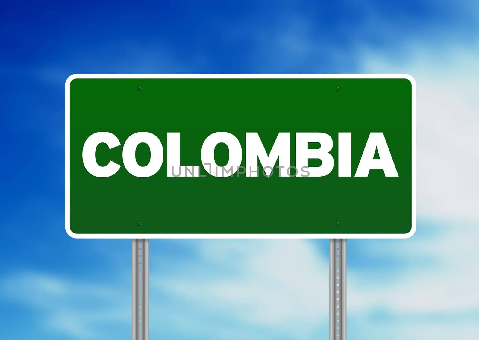 Green Colombia highway sign on Cloud Background.