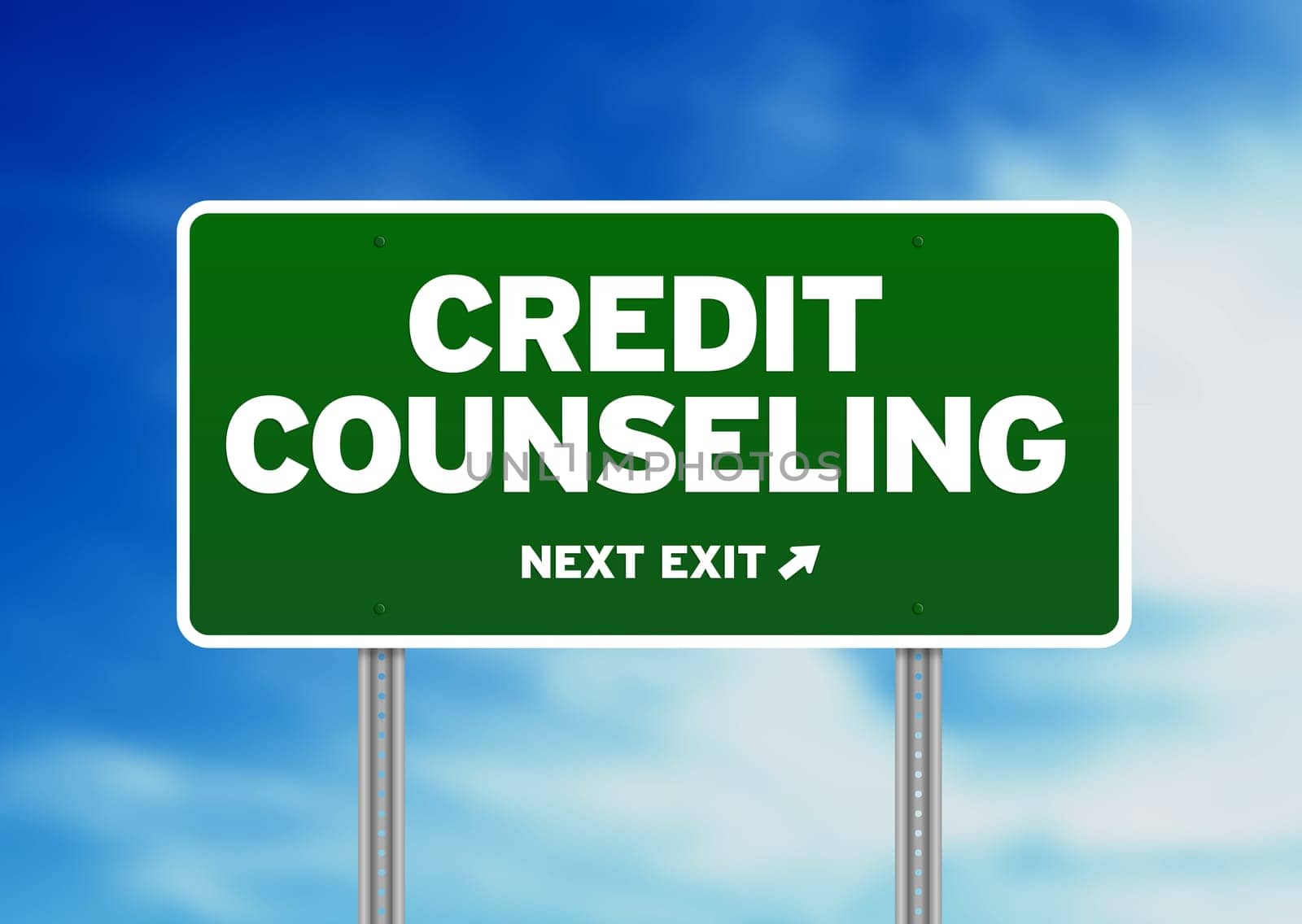 Green Credit Counseling highway sign on Cloud Background.