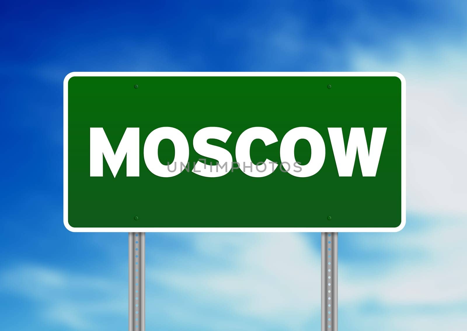 Green Moscow highway sign on Cloud Background.