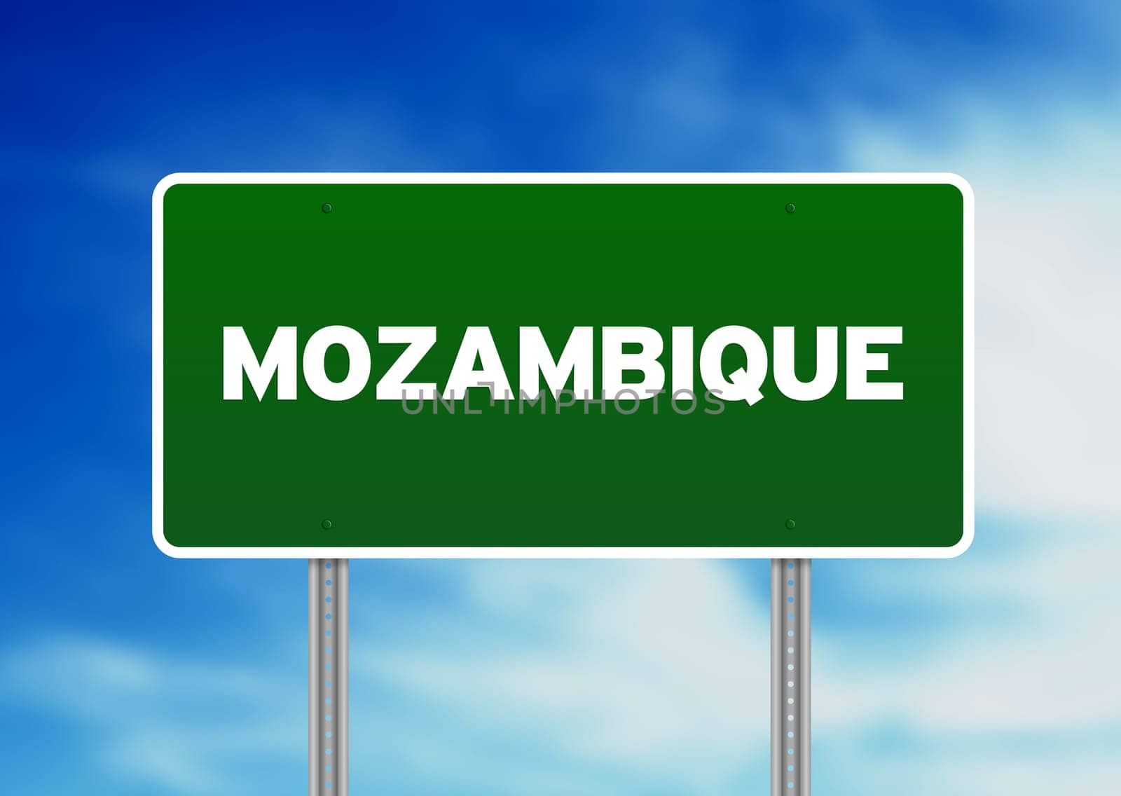 Green Mozambique highway sign on Cloud Background.