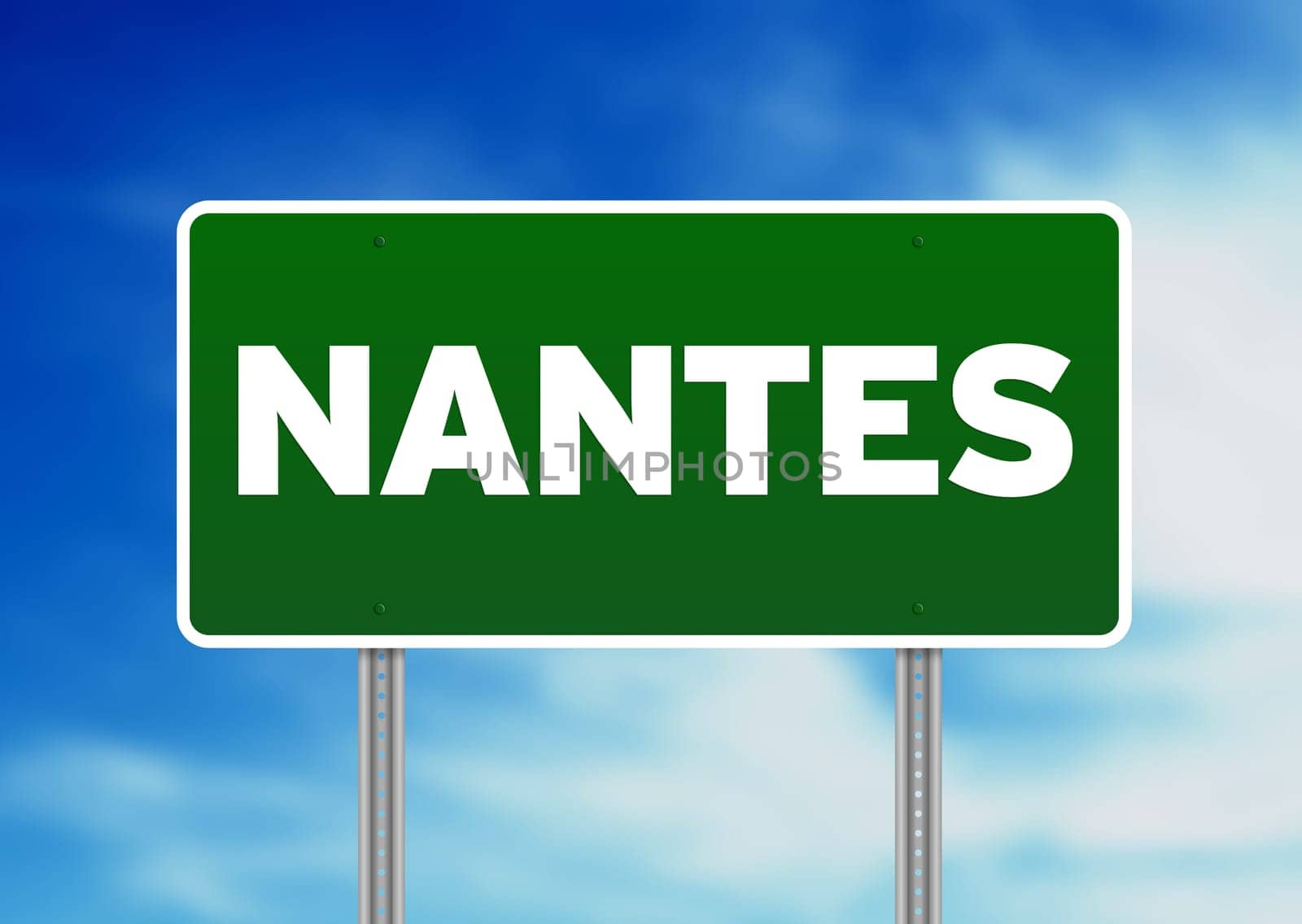 Green Nantes, France highway sign on Cloud Background.