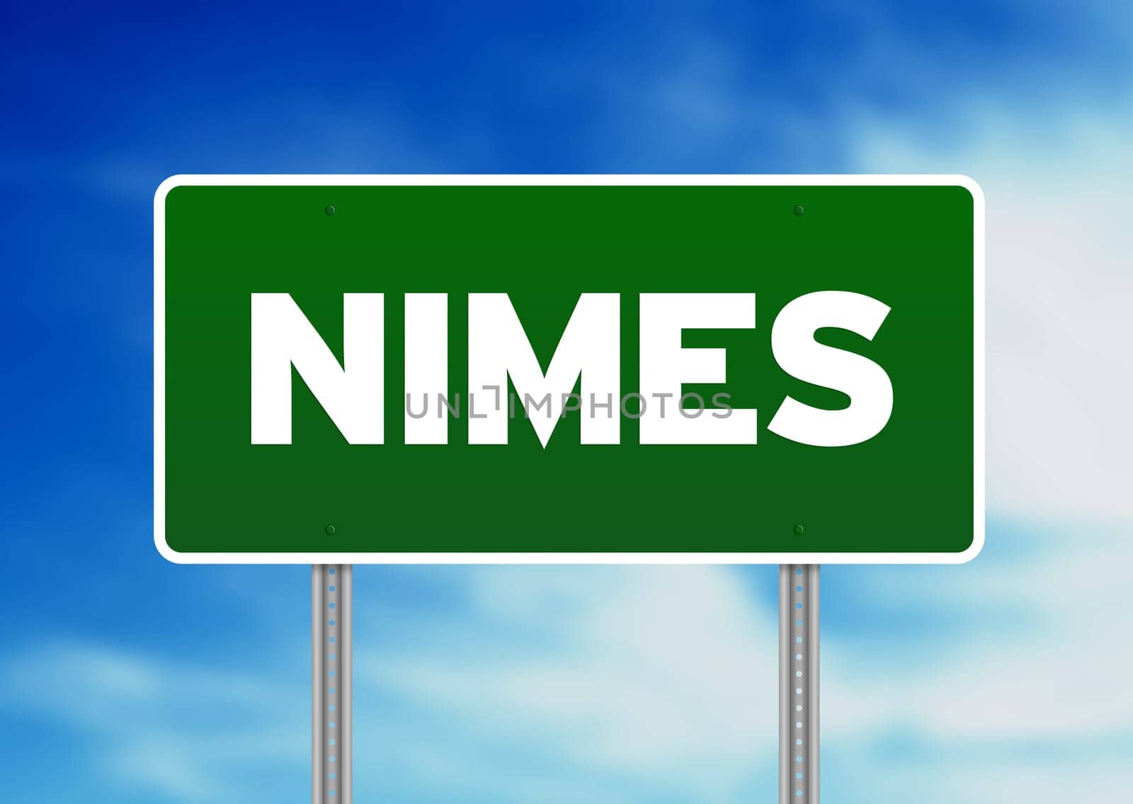 Green Nimes, France highway sign on Cloud Background.